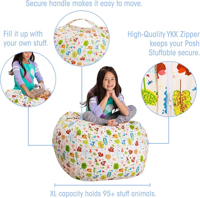 Posh Stuffable Kids Stuffed Animal Storage Bean Bag Chair Cover - Childrens Toy Organizer, Large 38" - Canvas Animals Forest Critters - Image 2