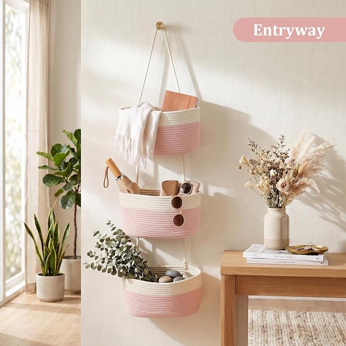 TeoKJ Over the Door Hanging Basket, 3-Tier Woven Cotton Wall-Mounted Storage Organizer Bag Decorative Hanging Nursery Baskets, Pink & White - Image 7