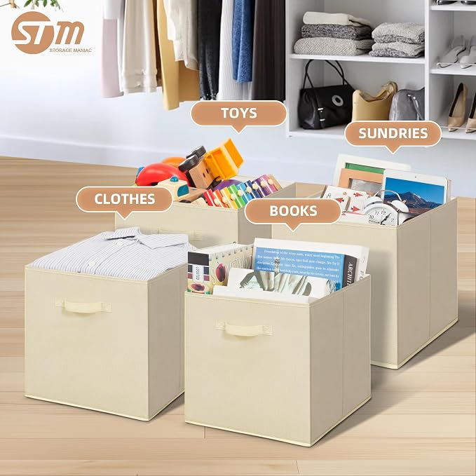 STORAGE MANIAC Storage Cubes, 13 Inch Collapsible Storage Bins with Handles, 10 Pack Fabric Foldable Bins for Organization, Durable Storage Bins for Closet, Shelves, Offices, 10-Pack Beige - Image 2