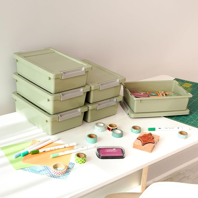 IRIS USA Storage Bins with Lids |Made in USA| 2 Qt - (6-Pack) - Sage Green | Sensory Craft Organizers, Plastic Clip Box Totes, Flat Containers for Organizing Paper, Office, Art & Study Supplies - Image 3