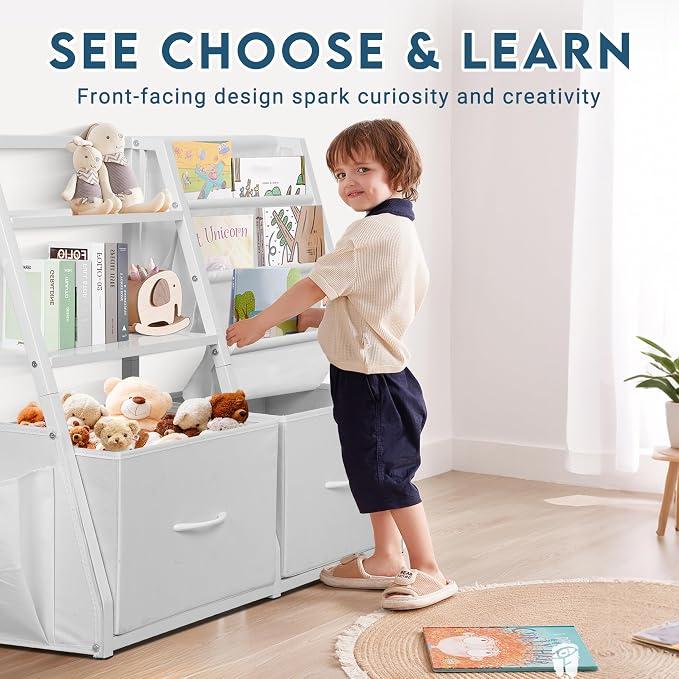 LOFTEY Kids Bookshelf and Toy Storage, Toy Box with Bookshelf, White | 29.5" Child-Friendly Height, 2 Large Fabric Drawers, 4 Sling Book Pockets, Anti-Tip Straps, for Nursery, Bedroom and Playroom - Image 5