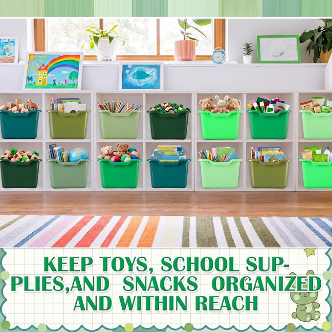 16 Pcs Cubby Bins for Classroom Plastic Book Bins,Green Series | Storage Bins for Classroom Library, Plastic Stackable Toy Tubs Containers for School Office Home Nursery Playroom - Image 4