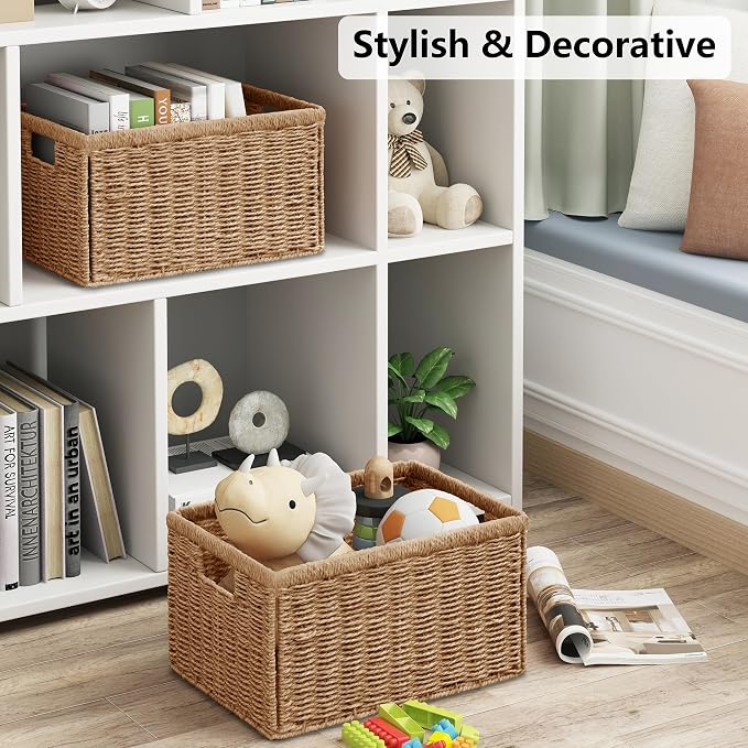 2 Packs Large Wicker Storage Basket, Closet Storage Baskets Bins for Shelves, Decorative Collapsible Baskets for Organizing Clothes Toy Nursery Bathroom Organizers and Storage, Natural - Image 4