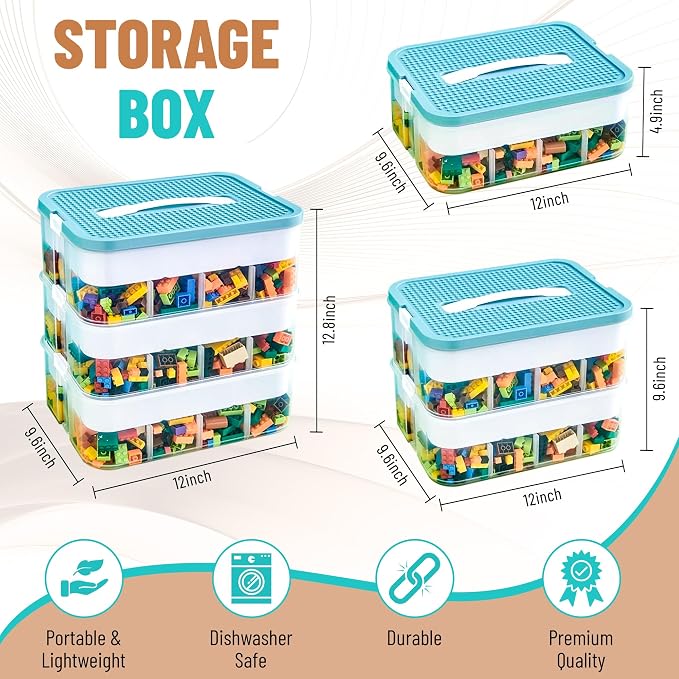 3-Tier Stackable Toy Storage with Building Block Lid & Bricks Organizer | Kids Toy Chest & Block Organizer Bin for Building Bricks, Plastic Storage Box & Toy Organizer for Playroom Organization - Image 2