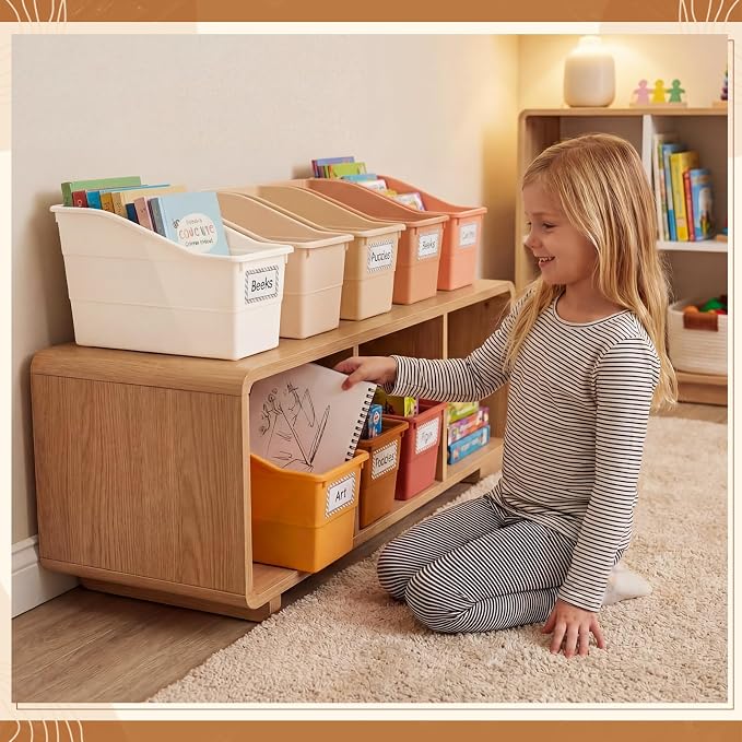 Blosssound 6 Set Book Bins for Classroom Stackable,Earth Tones | Plastic Baskets with Labels, Slanted Front, Library Supplies Organizers, Desktop Storage Bins, Teachers Home School Use - Image 5