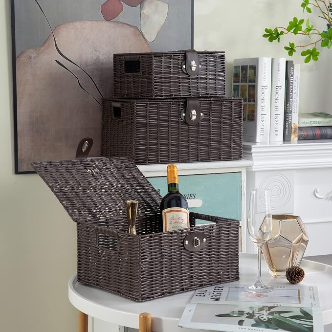 Set of 3 Woven Wicker Storage Basket Box with Lids & Lock, Built-in Carry Handles, Multifunctional Storage Organizer for Nursery, Baby, Clothes, Toys, Books, Large/Medium/Small Size (Brown) - Image 4