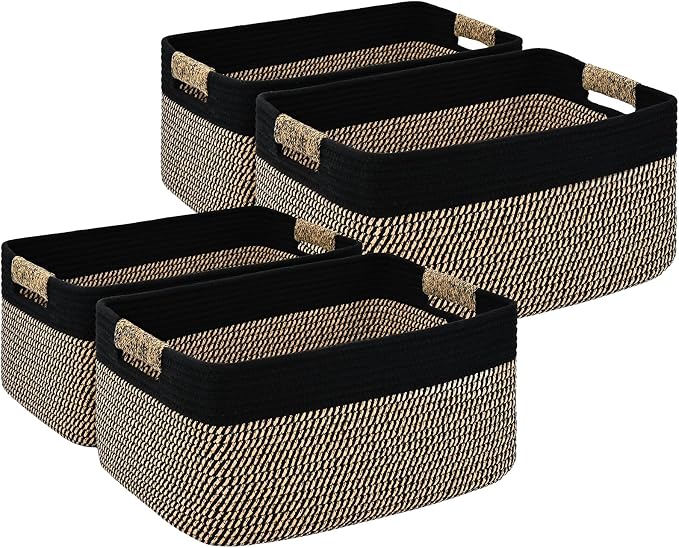 4 Pack Large Storage Basket for Organizing, 17.5"x13"x7" Woven Basket for Shelves, Closet Cube Storage Bins with Wrapped Handle, Cotton Rope Baskets for Kitchen, Clothes, Toys(Black & Brown) by Degeyoyo