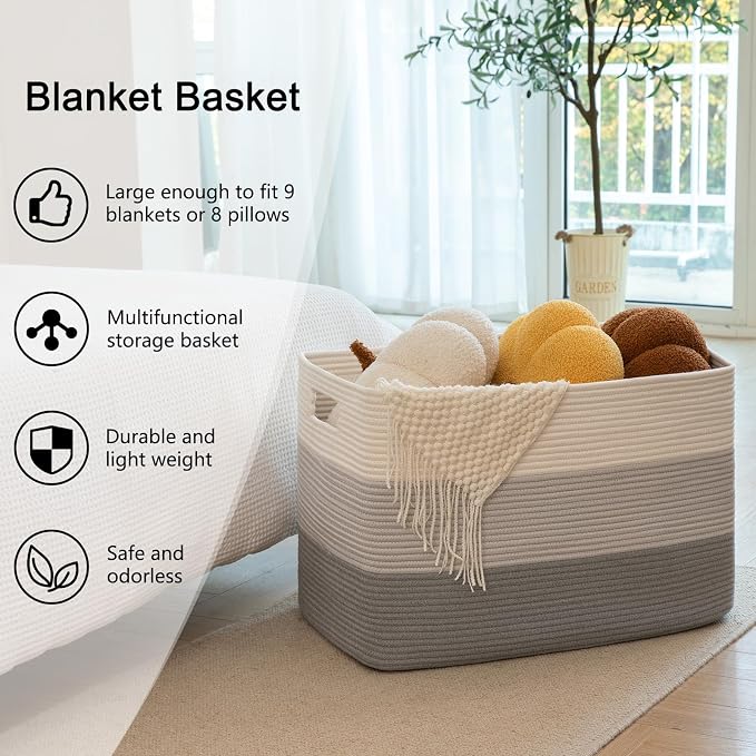 OIAHOMY 118L Extra Large Blanket Basket, Rectangle Woven Cotton Rope Storage Basket, Used for storing Dirty Clothes, Stuffed Animal Toy Storage for Living Room,Kids Room,25" x 17" x 16", Gradient Grey - Image 3