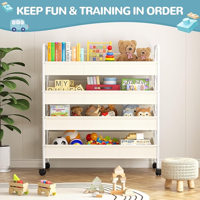 Kids Toy Storage Organizer with 4 Shelves & Wheels for Playroom | White, Large Size, Steel Frame & Oxford Fabric, Rolling Casters with 2 Locks, Safe Rounded Edges, Easy Assembly - Image 3