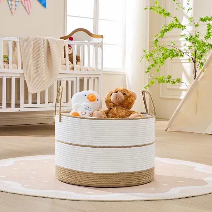 KAKAMAY Large Blanket Basket with Handles, Storage Basket for Living Room | Extra Large Capacity | Natural Cotton Rope | Blanket Storage | Woven Storage Basket | Stuffed Animal Storage | Laundry Basket - Image 5