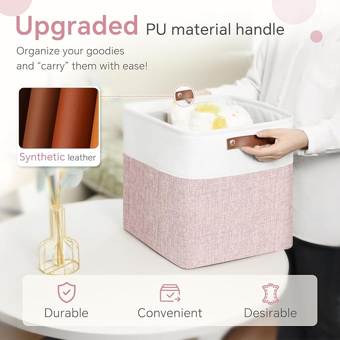 FinishingBo 11 inch Cube Storage Bin 6 Pack, Cube Organizer Bins | Fabric Storage Bins With Handles, 11x11 Storage Cubes, Shelf Basket, White Pink - Image 5