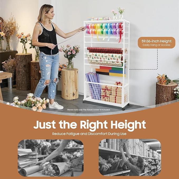 Ribbon Holder Organizer Rack, 16-Layer Double-Sided Expandable Wrapping Paper Rack, Ion Rolling Ribbon Storage Rack with Top Shelf and Bottom Basket for Flower Shop, Craft Room, H: 60Inch - Image 3