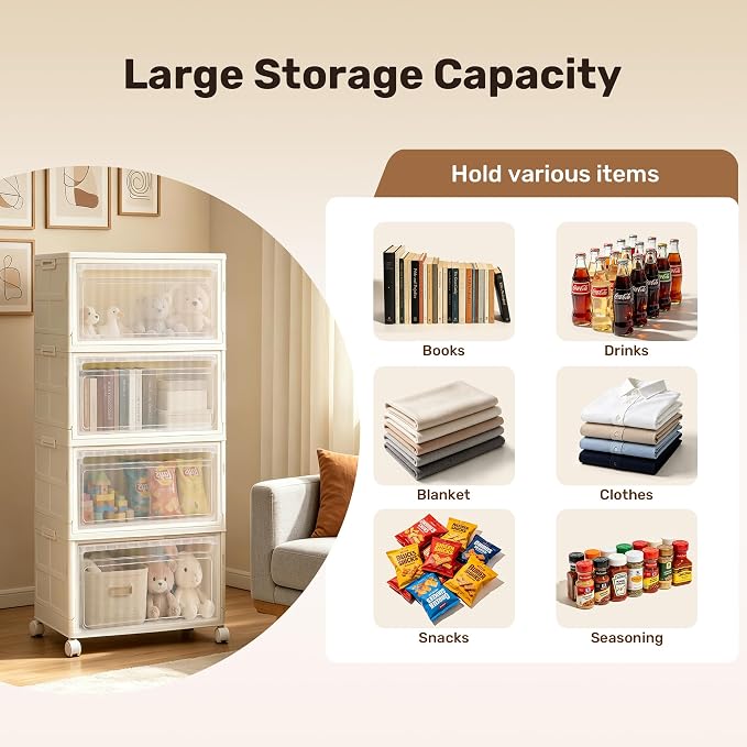 4 Tier Stackable Storage Bins with Lid and Wheels, 32QT Closet Organizers | Plastic Storage Containers with Doors, 4-Pack Collapsible Organizer Box for Bedroom Dorm Office and Garage - Image 5
