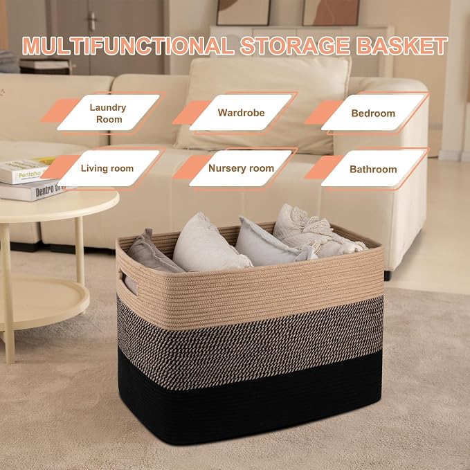 OIAHOMY 108L Extra Large Blanket Basket Dog Toy Basket Yellow and Black | Rectangle Woven Baskets for Storage Cotton Rope Basket For Living Room Toy Storage Blanket Storage Laundry Basket - Image 6