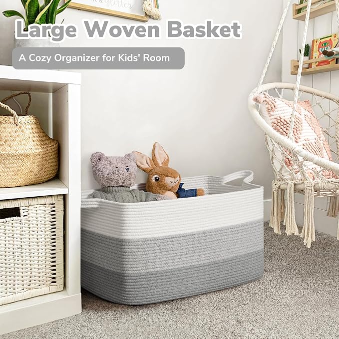 Goodpick Large Woven Rope Blanket Basket, Rectangle, Light Gray | 21.6'' x 14.9'' x 11.8'' Storage Basket for Blankets, Pillows & Toys, Living Room & Nursery Organization, Reinforced Handles - Image 2