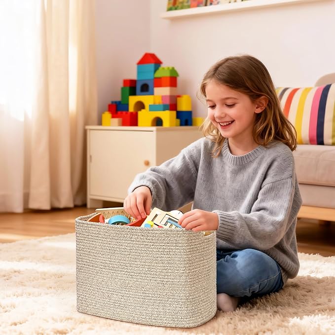 3 Pack Cube Storage Bin, 17”x12”x12” Cotton Rope Woven Baskets for Organizing Toys Clothes Towels, Square Gift Storage Baskets for Shelves, Nursery, Closet, Bathroom, Pantry (Jute) - Image 5