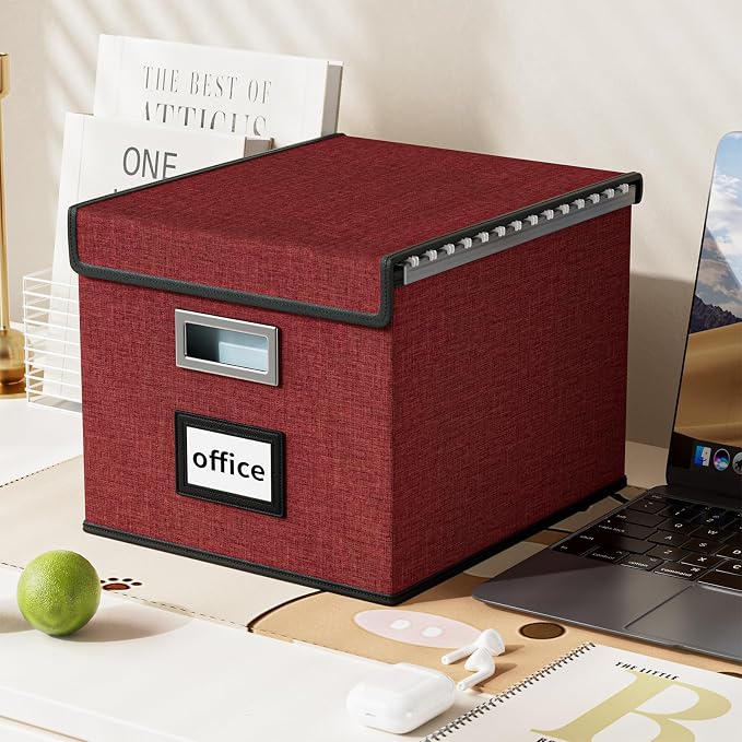 File Organizer Box with Lids, Collapsible File Folder Organizer | File Box with Plastic Slides for Office Document Storage, Filing Bin for Letter Size Hanging File Folders (1 Pack, Dark Red) - Image 6