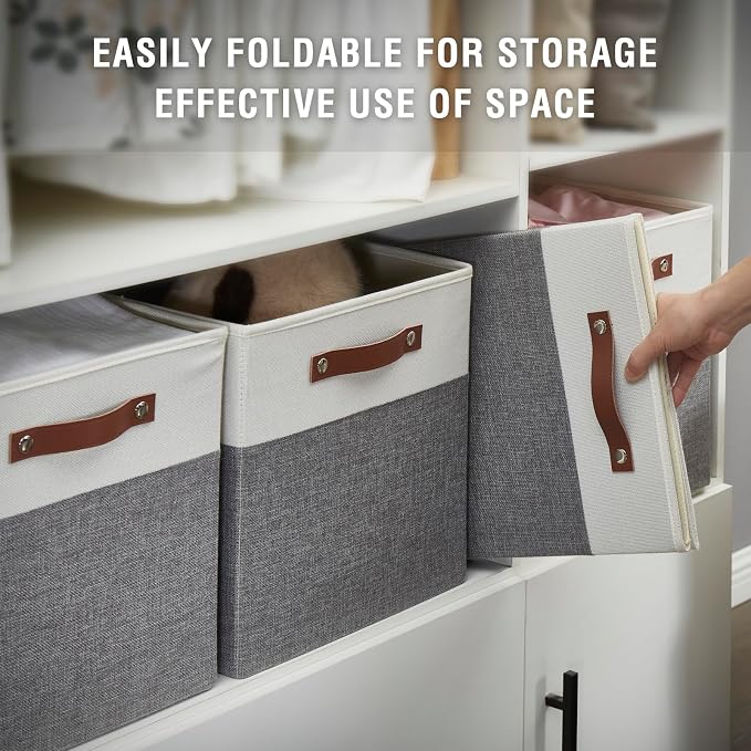 13x15x13 Storage Cube Bins, Foldable Storage Organizer Baskets, Fabric Cube Storage Boxes with 2 Reinforced PU Handles for Kallax, Shelves, Living Room | 4 Pack, Gray & White - Image 3