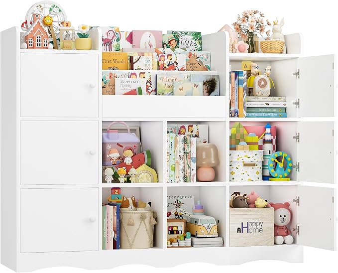 Toy Organizers and Storage with 10 Cubbies and 4 Tier Bookshelf | 55" Large Kids Bookshelf Toy Organizers and Storage with Raised-Edge Top Shelf, Playroom Storage and Toy Chest, White - Image 8