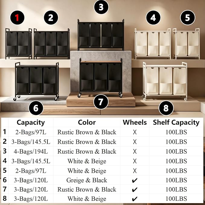 Garvee 97L Laundry Basket 2 Section, Laundry Hamper with Shelf & 2 Removable Bags, Dirty Clothes Basket Organizer for Bathroom Bedroom Room Organization, 2 x 12.8 Gal (48.5L), Rustic Brown + Black | Laundry Basket with Shelf & 2 Removable Bags, Dirty C... - Image 3