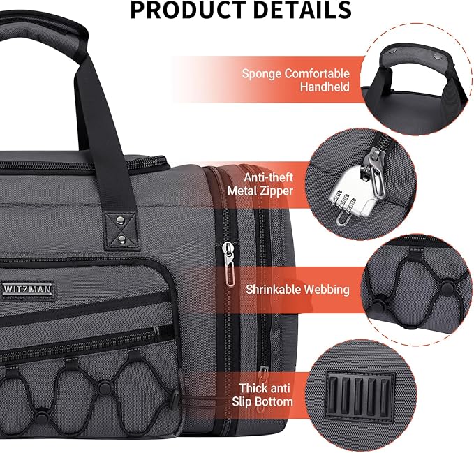WITZMAN Mens Duffle Bag Expandable 50L Travel Gym with Shoe Compartment | Nylon, Large, With Dry-wet Pocket, Fits 16" Laptop, Carry-on Bag, For Sports Weekender Overnight, B695 Silvery Grey - Image 7