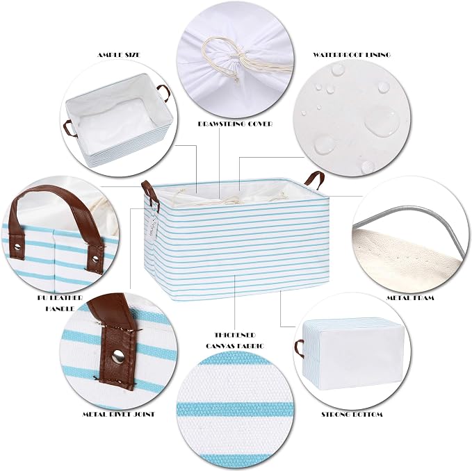 Hinwo 70L Extra Large Canvas Storage Bin with Lid and Handles | Collapsible Fabric Basket, Closet Shelf Organizer, Container for Clothing, Blankets, Toys, Bedding (Aqua Stripe) - Image 5