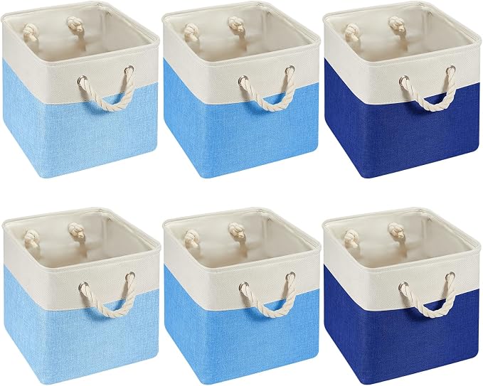 6 Pack 11x11 Inch Blue Cube Storage Bins Fabric Square Cube Baskets Handle | Blue Foldable Organizer with Sturdy Handles, Home Closet Bin for Shelves, Durable Cube Baskets Bulk for Home Storage by Geiserailie