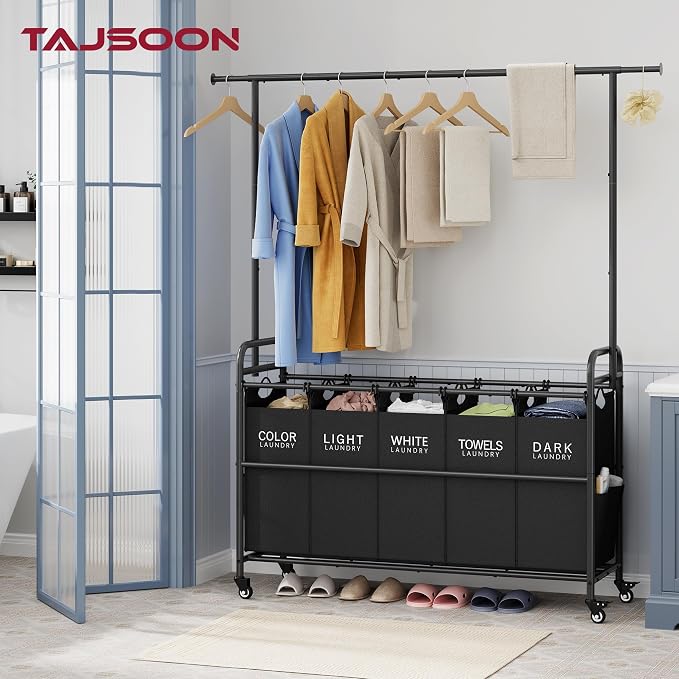 Laundry Sorter with Hanging Rack, 5 Section Laundry Sorter, Black | 246L Laundry Hamper with Removable Bag and Extended Side Bars, Rolling Laundry Sorter Cart for Bedroom, Laundry Room - Image 2