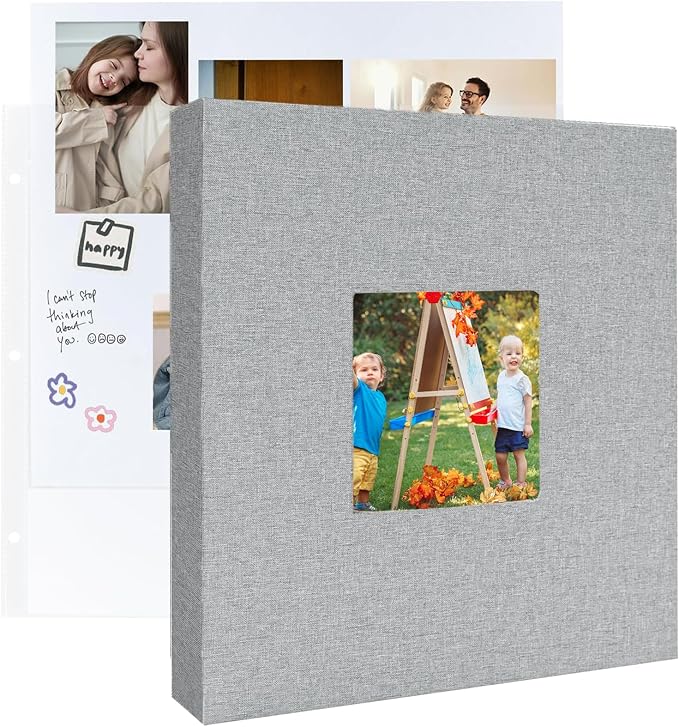 8.5x11 Scrapbook Inch Large 3 Ring DIY Linen Cover Scrap Books with 30 Plastic Sleeves 60 Pages Blank White Inner Pages, 8.5 x 11 Scrapbook Photo Albums for Baby Travel Wedding kids (Grey) by LUOCCHI