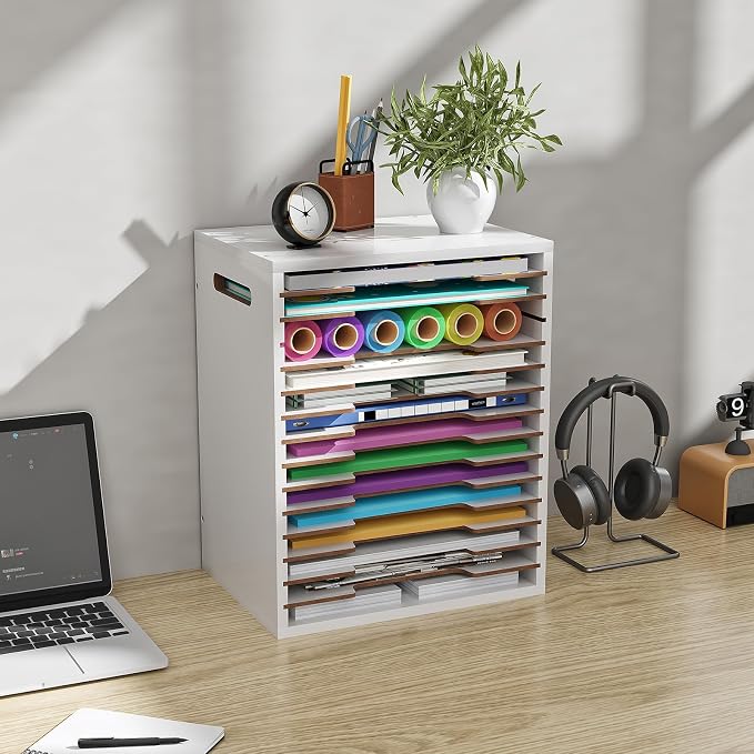 8.5x11 Scrapbook Paper Organizer Wood, 15 Tier Desk File Organizer with Handle, 9x12 Construction Paper Storage Holder Letter Tray Mail Sorter for Craft Room Home Office Classroom, White - Image 2