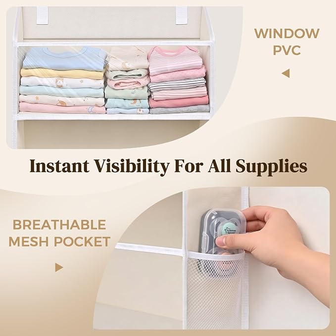 6-in-1 Over Door Hanging Organizer with 12 Mesh Pockets, 44 lbs Capacity, Warm Beige – Versatile Behind Door Storage for Baby Nursery, Newborn Essentials, Bedroom, Bathroom & Dorm - Image 5