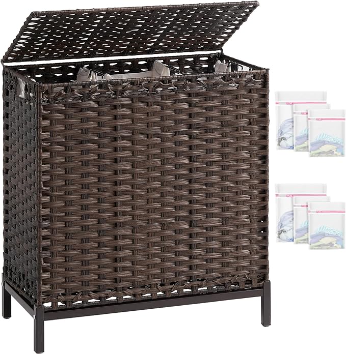 SETVSON Laundry Hamper with Lid, 35 Gal 3-Bag Clothes Sorter, Brown | Large Family Laundry Trunk with Lid, 3 Compartment Sorting Liner, 6 Wash Bags, Elevated PE Rattan Bin with Handles by SETVSON