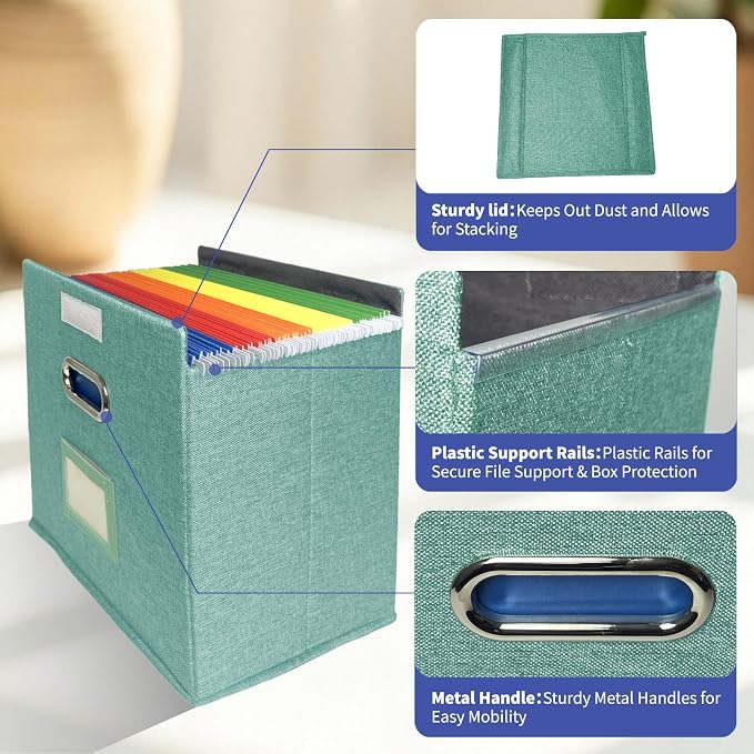 4 Pack Hanging File Folder Box with Lid, Durable Letter Size Filing Storage Box, Sturdy File Holder with Cardboard Support PVC Rails for Office Home Organizer, Green - Image 4