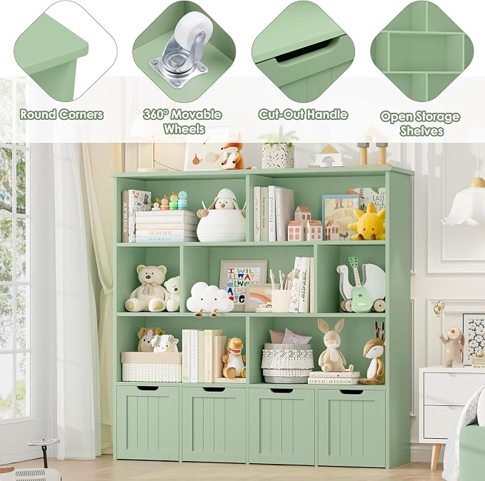 Toy Storage Organizer with Movable Drawer Toy Organizer for Kids | Kids Bookshelf and Toy Chest Storage with Hidden Wheels, Toy Organizers and Toy Storage for Playroom, Green - Image 7