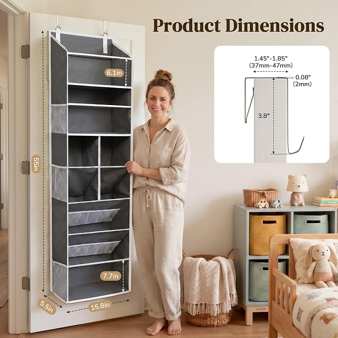 6-in-1 Over Door Hanging Organizer with 12 Mesh Pockets, 44 lbs Capacity, Deep Gray – Versatile Behind Door Storage for Baby Nursery, Newborn - Image 3