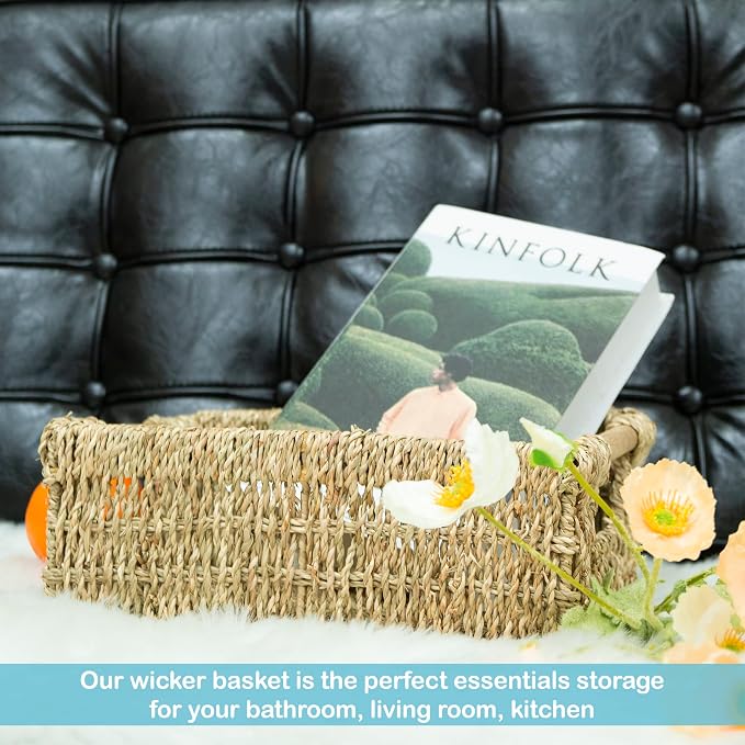 Natural Seagrass Storage Basket with Handle, Rectangular Woven Organizer Bin for Living Room or Shelf, Decorative Storage Basket, Medium Size 13.4 x 9.3 x 4.9 Inches - Image 6
