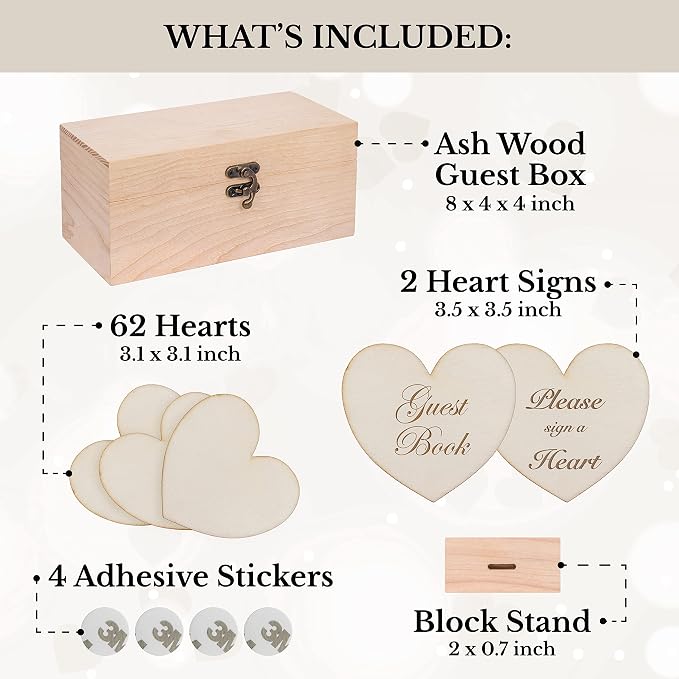 Jecor Alternative Guest Book Box - Wedding Guest Book Alternative - | 62 Large Wooden Hearts - Baby Shower, Bridal Shower, Anniversary, Birthday, Retirement, Funeral Guest Book Alternatives - Image 3