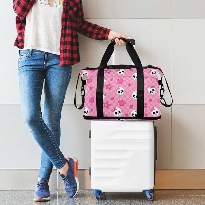 Travel Duffel Tote Bag Pink Skull Girl Sports Duffel Bag with Wet Pocket Weekender Overnight Bag for Women Men Gym Bag, Carry On Bag Hospital Bag for Labor and Delivery - Image 6