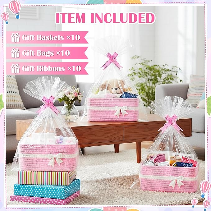 10 Pack Empty Gift Baskets, 12x8x5 Small Pink Woven Cotton Rope Baskets with Gift Bags & Ribbons, Decorative Baby Shower Hamper, Nursery Storage Basket with Handles for Shelves - Image 2
