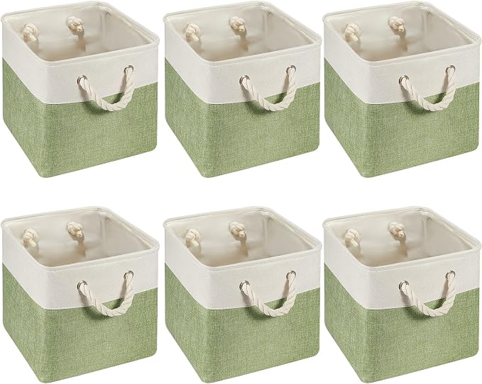 6 Pack 11x11 Inch Green Cube Storage Bins Square Fabric Cube Baskets Handle | Foldable Fabric Organizer with Sturdy Rope Handles, Home Closet Bin for Shelves, Durable Cube Baskets Bulk for Home Storage by Geiserailie