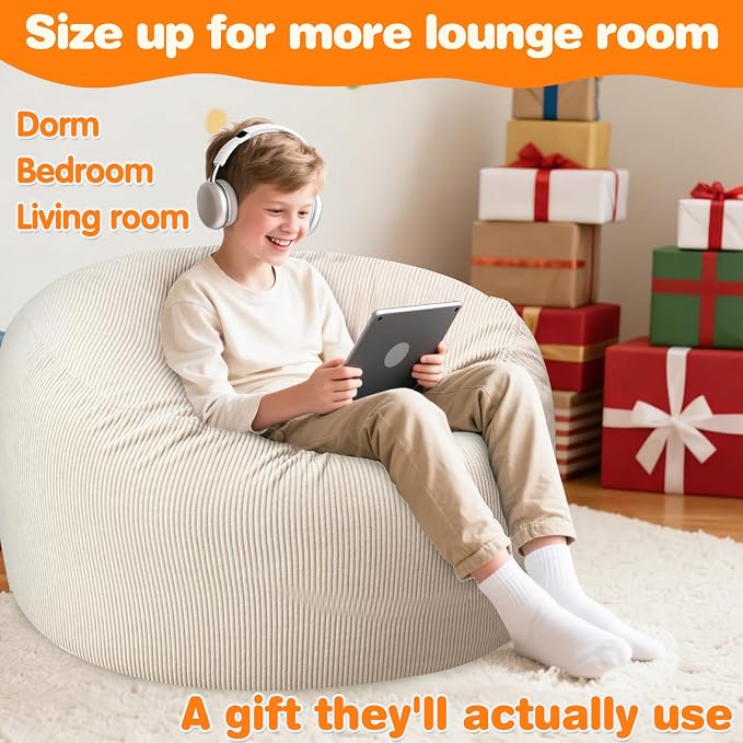 Lukeight Bean Bag Chair for Kids Teens Adults, Memory Foam Filled Floor Lounger, Washable Velvet Cover with Inner Liner, Beanbag Chair with Filling for Gaming and Reading, Beige, X-Large 30"D x 18"H - Image 5