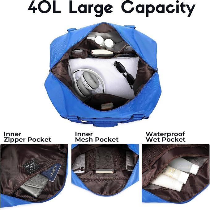 Duffel with Utility Pouch, 40L Weekender Overnight Bag with Shoe Compartment for Travel and Sports (Blue) - Image 3