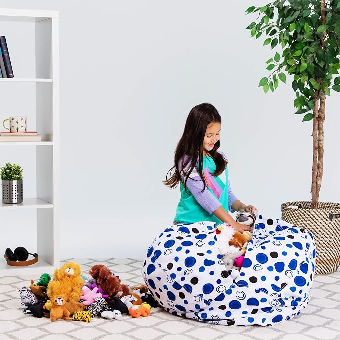 Posh Stuffable Kids Stuffed Animal Storage Bean Bag Chair Cover - Childrens Toy Organizer, Large 38" - Canvas Bubbles Blue and White - Image 6