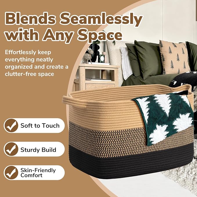 Goodpick 85L Large Woven Blanket Basket, Rectangle, Black Jute | 23.6'' x 15.7'' x 13.8'' Wicker Storage Basket for Blankets, Pillows & Toys, Living Room, Bedroom & Nursery Organization - Image 5