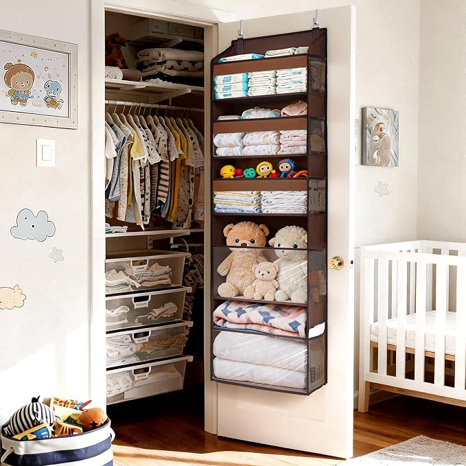 5 Tiers Over Door Organizer with 10 Mesh Side Pockets, 44 lbs Weight Capacity Hanging Storage Organizer with Clear Window Kids Toys, Shoes, Diapers, Dark Brown - Image 6