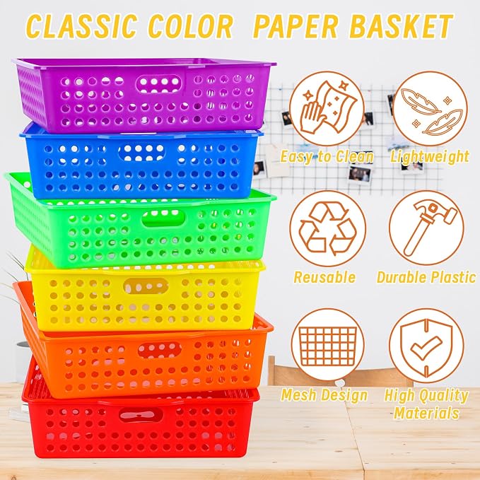 12 Pcs Plastic Classroom Storage Baskets Bulk 14 x 10 In Turn in Paper Tray for Classroom A4 Size Colorful Storage Organizer Bin with Handles Stackable Container for Playroom Home Office School Supply - Image 4