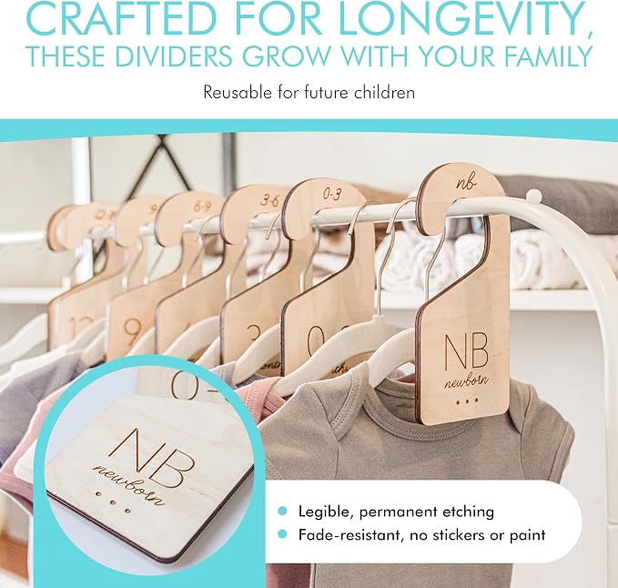 White Loft Baby Closet Dividers in Natural Birch Wood - Wooden Nursery Closet Organizer with Etched Labels for Newborn to 24 Months - 7 Piece Gift Set - Image 3