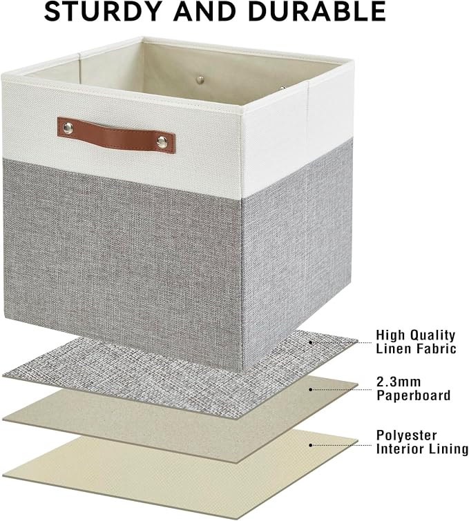 13x15x13 Storage Cube Bins, Foldable Storage Organizer Baskets, Fabric Cube Storage Boxes with 2 Reinforced PU Handles for Kallax, Shelves, Living Room | 4 Pack, Gray & White - Image 5