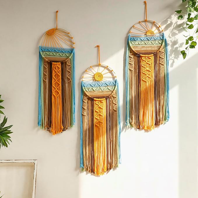 Artilady 3 Pack Macrame Wall Hanging Tapestry, Boho Sun Art Dream Catcher | Large Tapestry, Handmade Woven, Farmhouse Rustic, Colorful Sun Wall Art Set, Bedroom Living Room Entryway Home Decor - Image 3