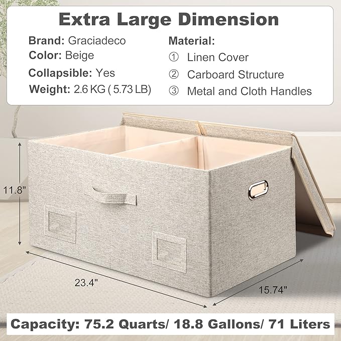 Storage Bins with Lids Fabric Closet Organizers Cubes Office Organization | 75 Quarts 1 Pack Beige Collapsible Stackable Linen Fabric 4 Handles Bedroom Closet Cabinet Under Bed Clothes Toy Office File - Image 2